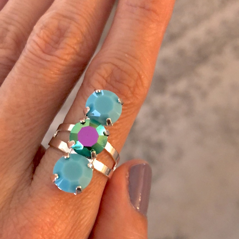 Turquoise + Peacock Teal Silver Crystal Statement Ring - Picture 8 of 10